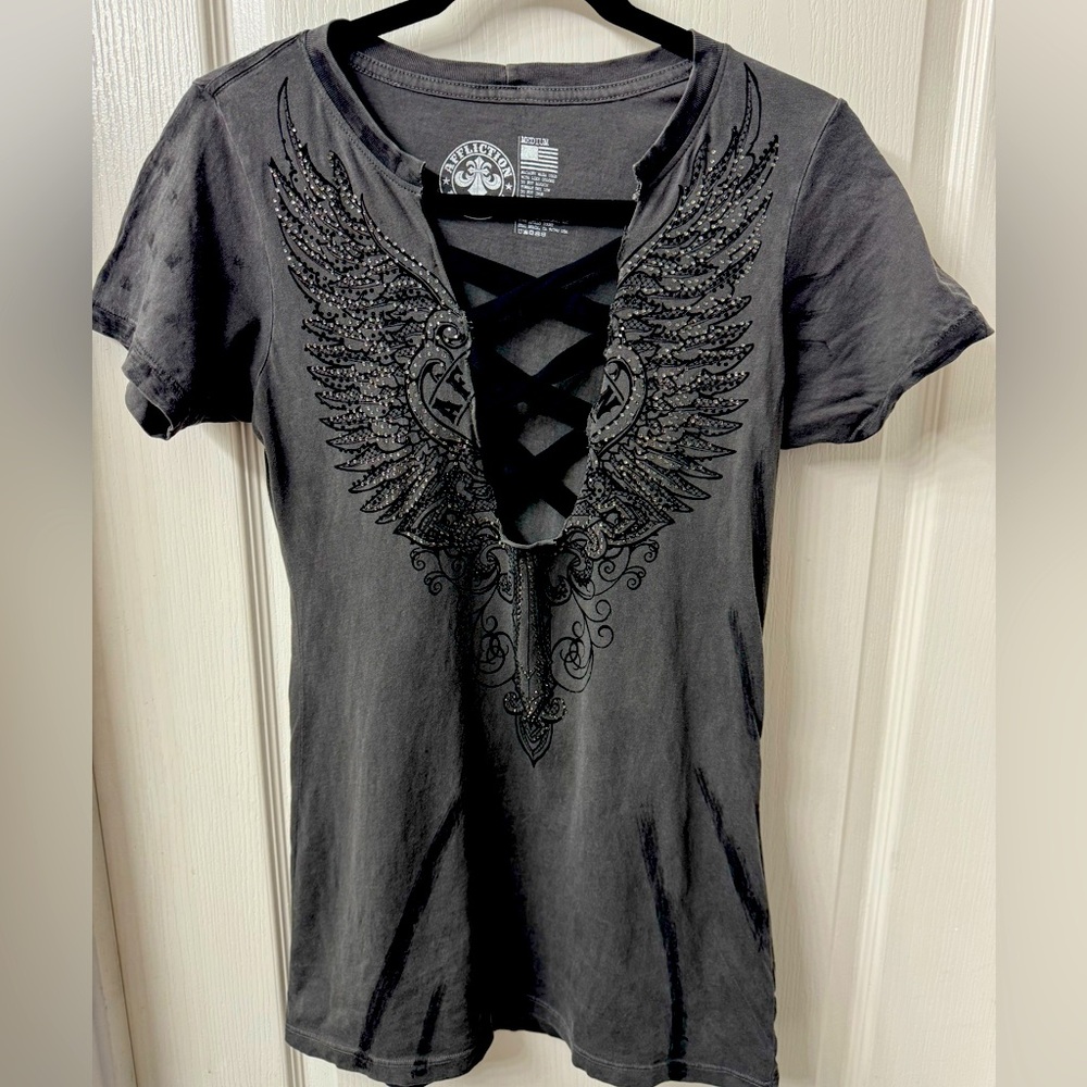 Affliction Women’s Charcoal Winged Tee with Lace-Up Detail and gems, size Med.